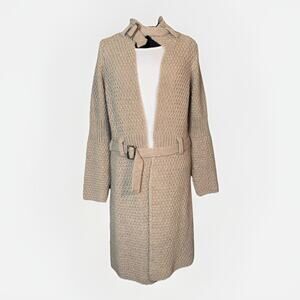 Cocogio Large Italian Wool Ecru Cardigan Long Duster Chunky Sweater Belt Jacket